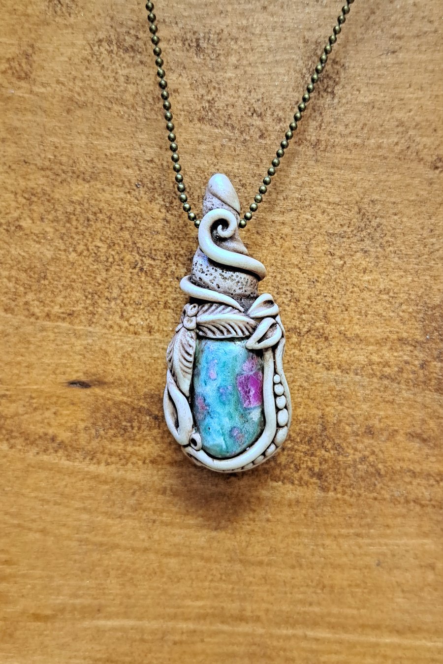 Ruby in Fuschite Crystal and Polymer Clay Amulet Pendant