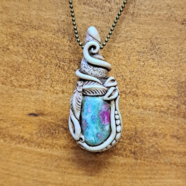 Ruby in Fuschite Crystal and Polymer Clay Amulet Pendant