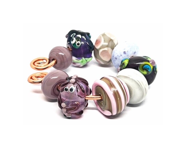 Handmade Lamp-work Glass Beads – Purple dragonfly Striped & Floral Set of 9