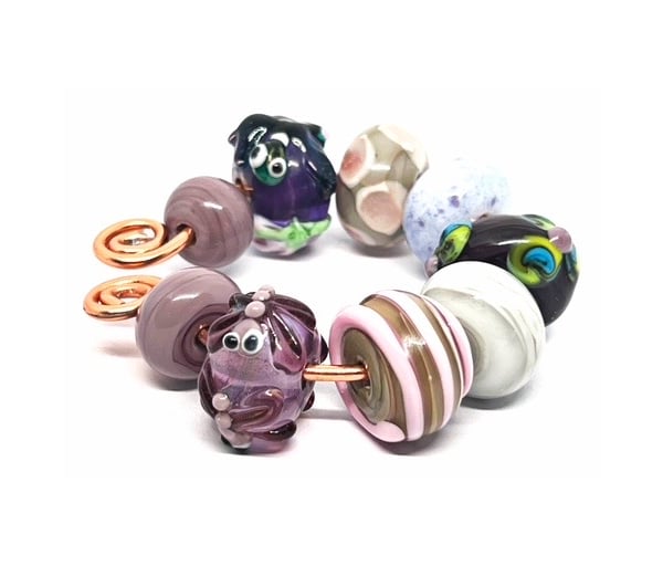 Handmade Lamp-work Glass Beads – Purple dragonfly Striped & Floral Set of 9