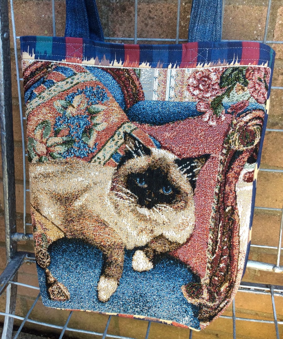 Upcycled Market Tote - Siamese Cat on a Sofa