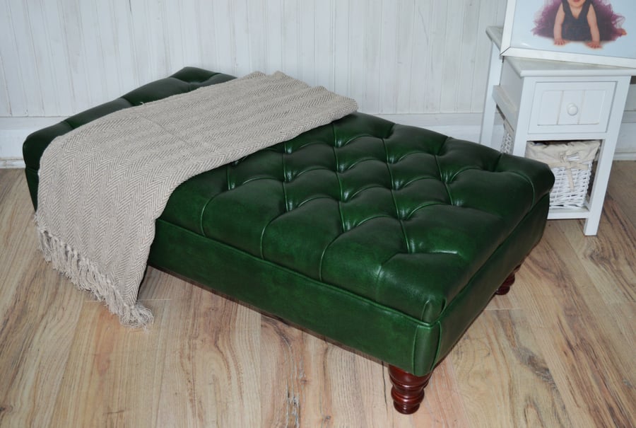 Chesterfield Style Deep Button Footstool in a Premium Green Faux Leather