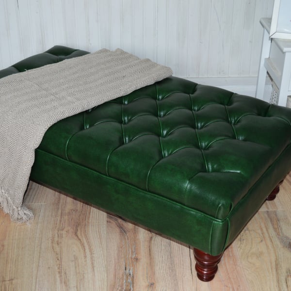 Chesterfield Style Deep Button Footstool in a Premium Green Faux Leather
