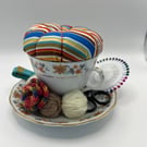 Vintage Teacup Pin Cushion and Sewing Set - Flowers and Stripes (2)