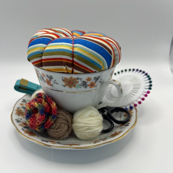 Vintage Teacup Pin Cushion and Sewing Set - Flowers and Stripes (2)