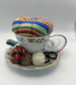 Vintage Teacup Pin Cushion and Sewing Set - Flowers and Stripes (2)