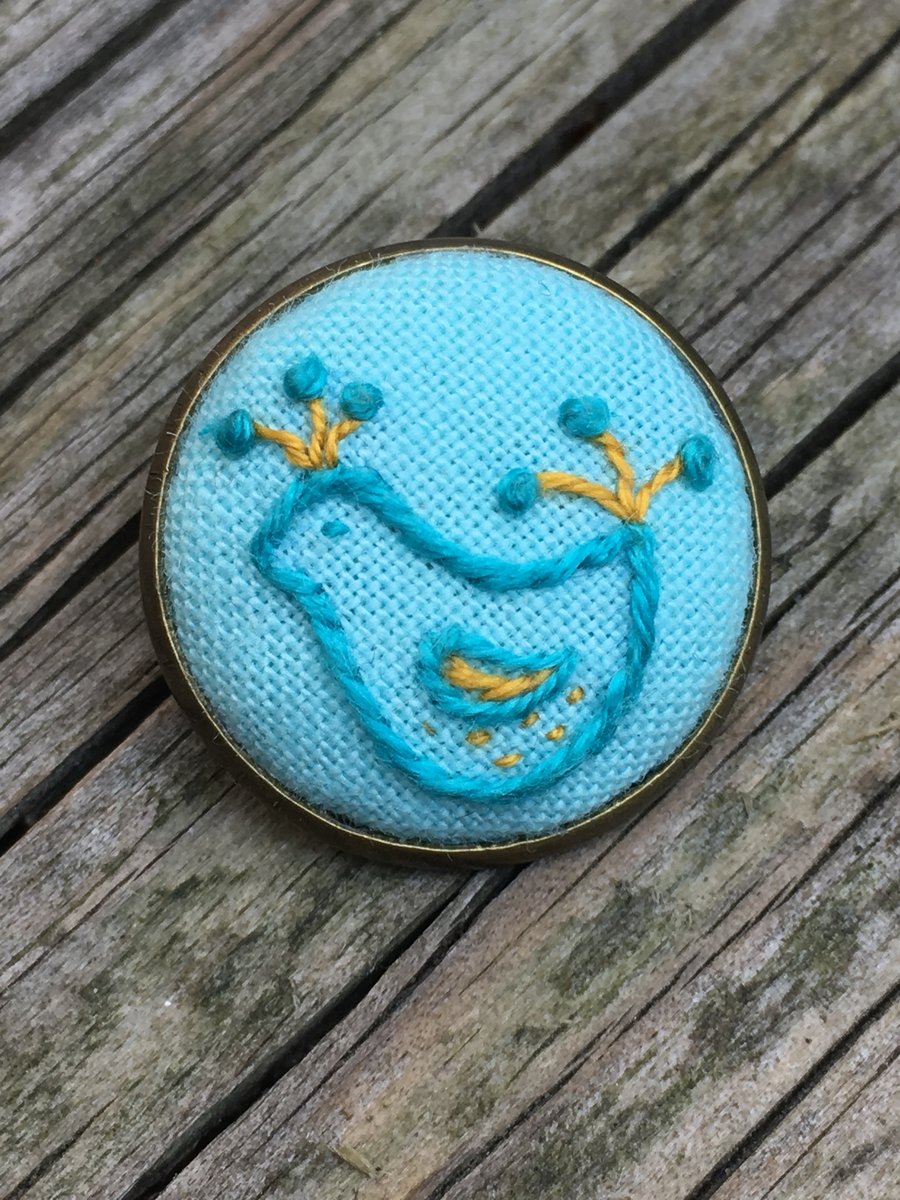 Hand Embroidered Teal and Mustard Bird Brooch 