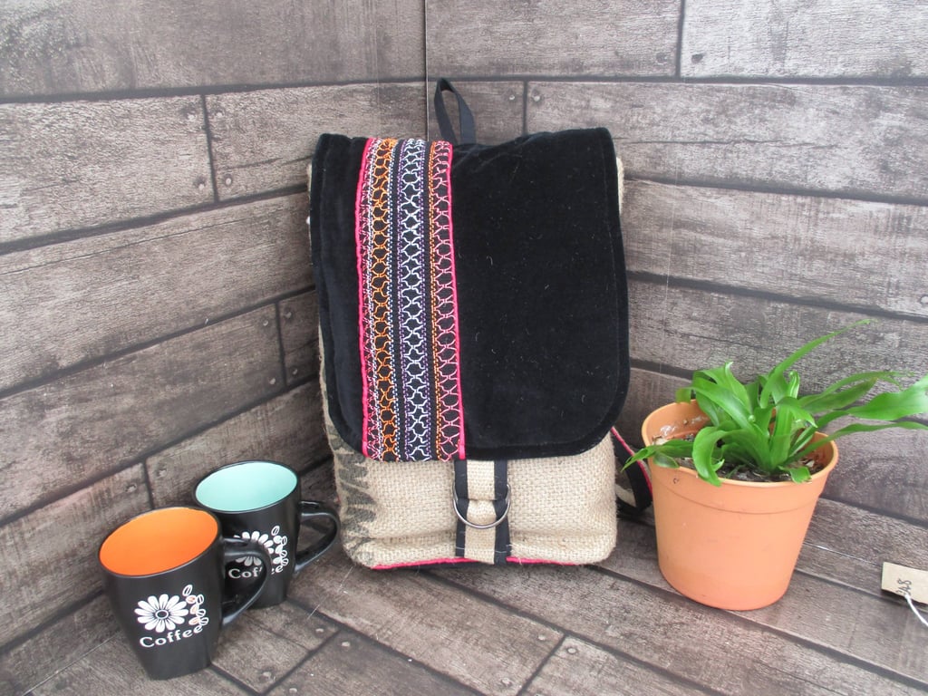 Eco-Friendly Rucksack -Handmade from Upcycled Materials - Black with embroidery 