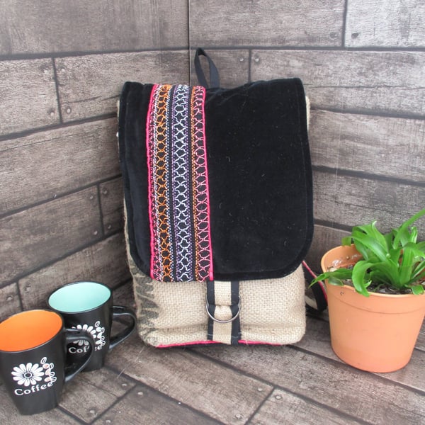 Eco-Friendly Rucksack -Handmade from Upcycled Materials - Black with embroidery 