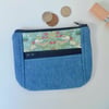 Coin purse with front pocket indigo denim and Strawberry Thief print