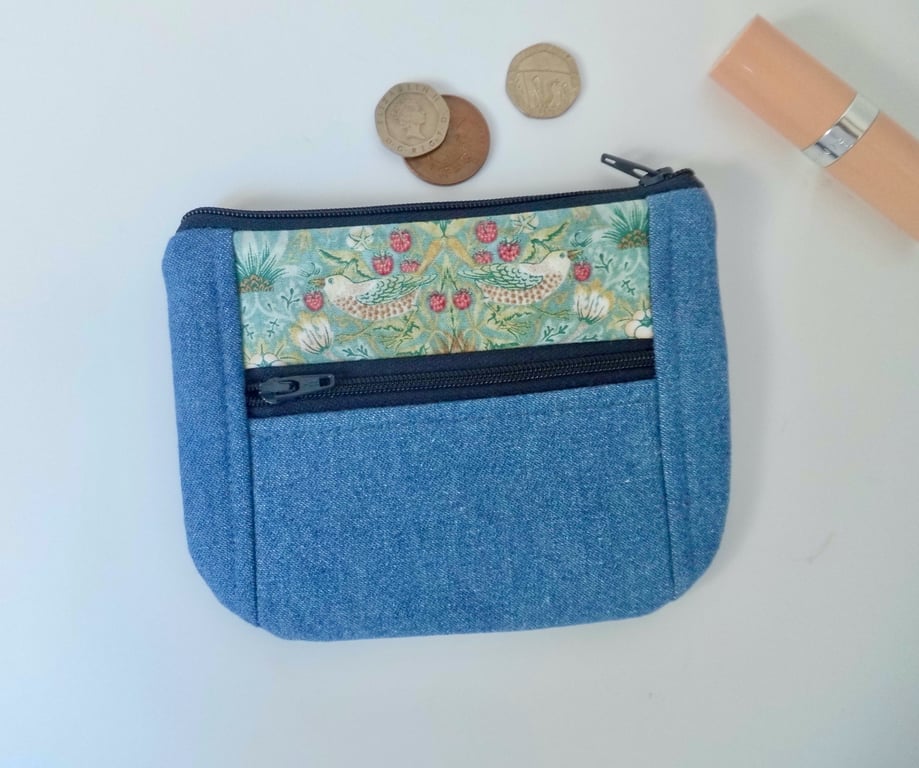 Coin purse with front pocket indigo denim and Strawberry Thief print