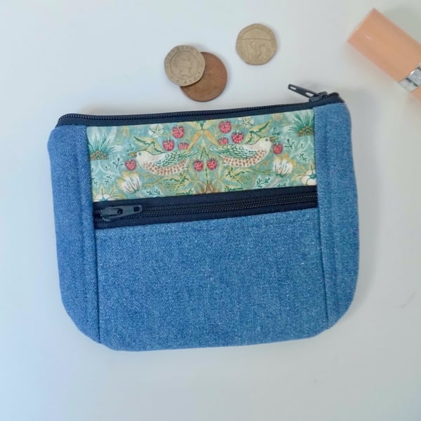 Coin purse with front pocket indigo denim and Strawberry Thief print