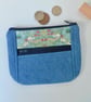 Coin purse with front pocket indigo denim and Strawberry Thief print