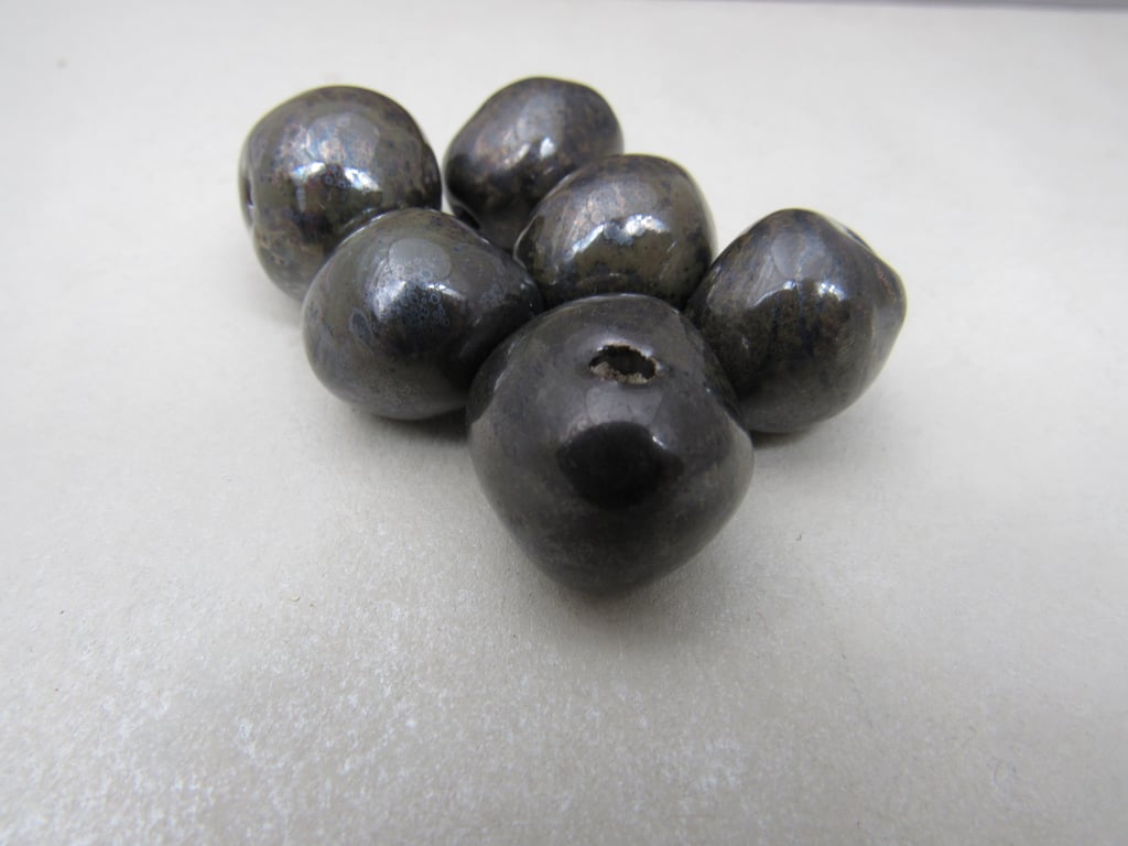 6 Medium Obsidian Glazed Clay Beads