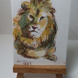 ACEO Animal Art Lion Sitting Original Watercolour Ink Painting OOAK 