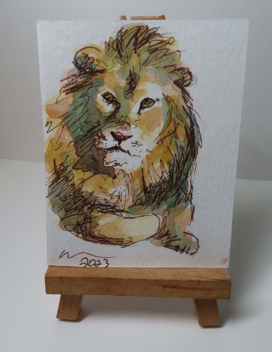 ACEO Animal Art Lion Sitting Original Watercolour Ink Painting OOAK 
