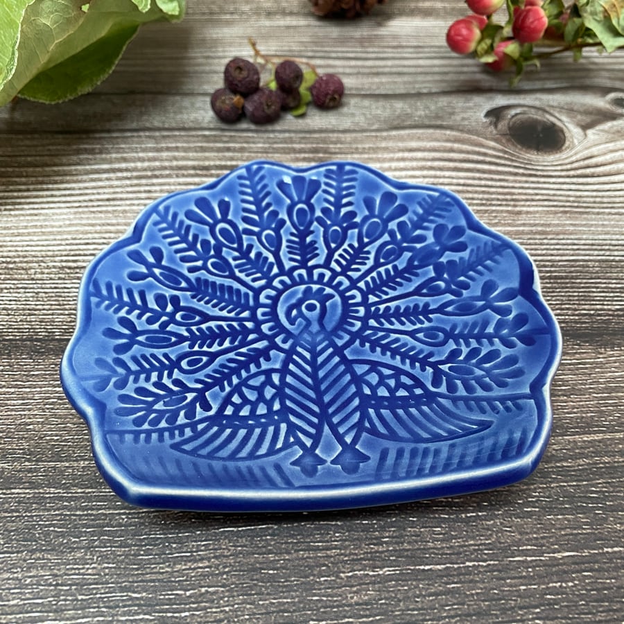 Ceramic Blue Peacock Trinket Ring Dish