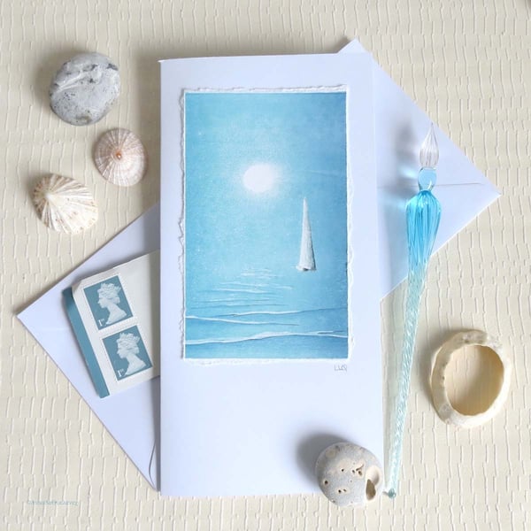 Summer sailing artist blank card handprinted and mixed media OOAK