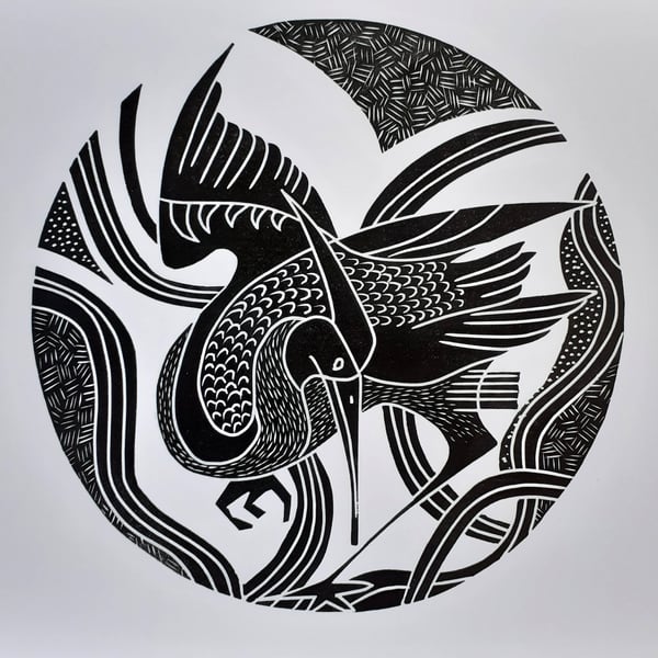 Heron - black and white linocut.