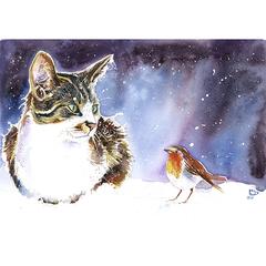 Cat and Robin Christmas Card