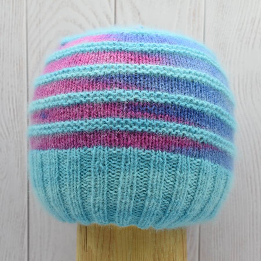 Hand Knitted hat in turquoise, blue and pink stripes - small