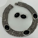 1980s Black Cabochon Rhinestone Necklace and Earrings Set