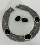 1980s Black Cabochon Rhinestone Necklace and Earrings Set