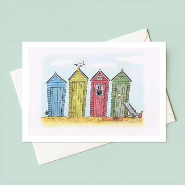 Seaside Beach Huts Greeting Card: Traditional Summer Holiday Illustration (807)