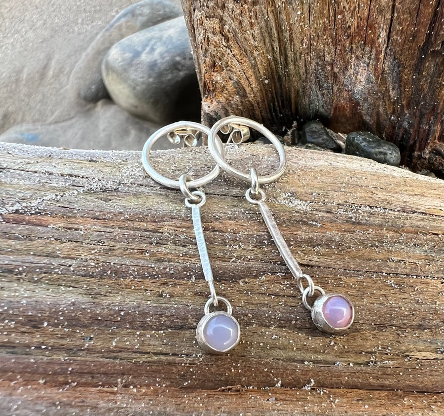  Silver Circle Stud  Earrings with Pink Opal Drop