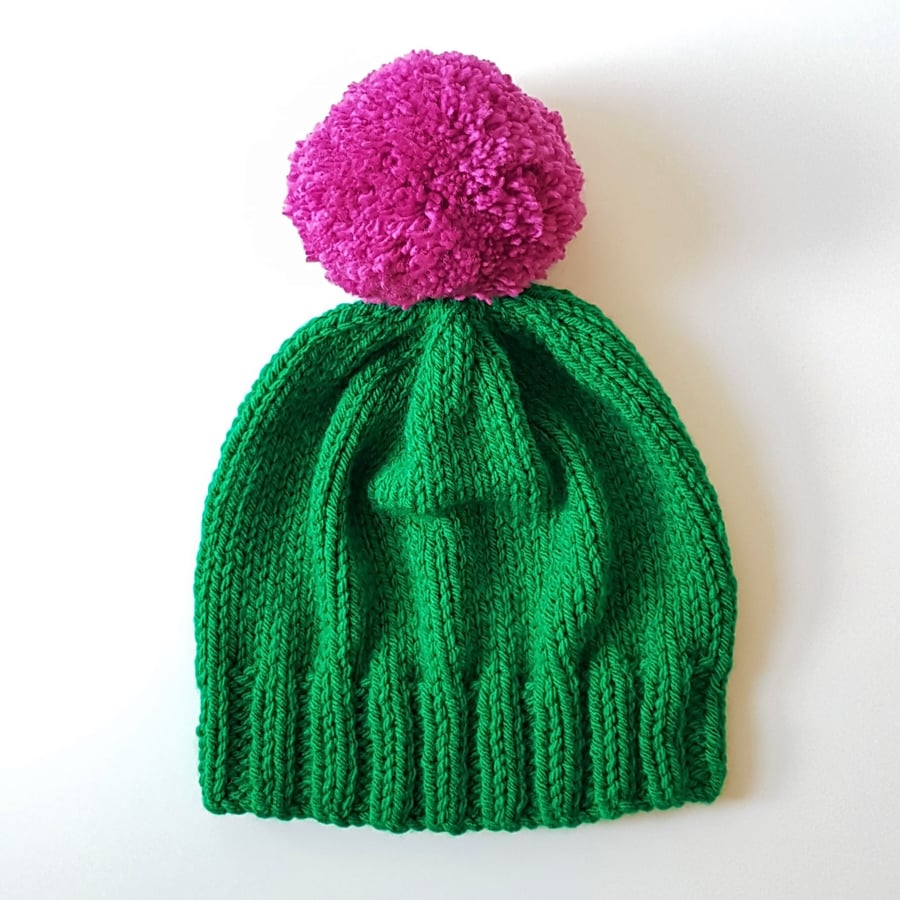 Bobble Hat in Emerald Green Chunky Yarn with Pink Pom Pom