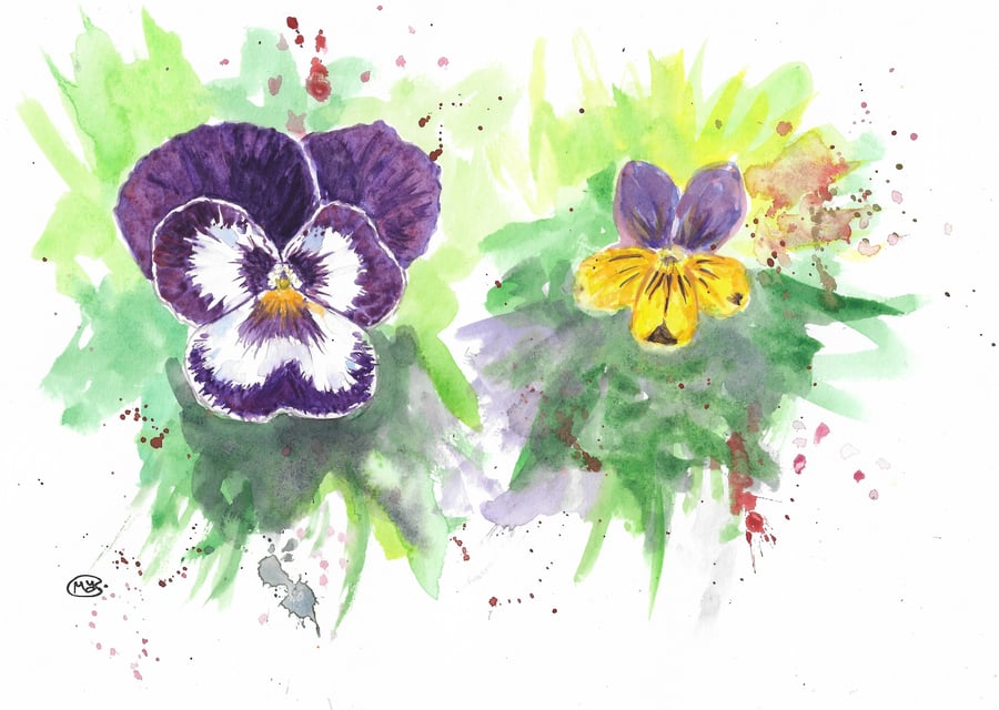 Duplicate - pansy and Viola flowers original painting, with abstract background.