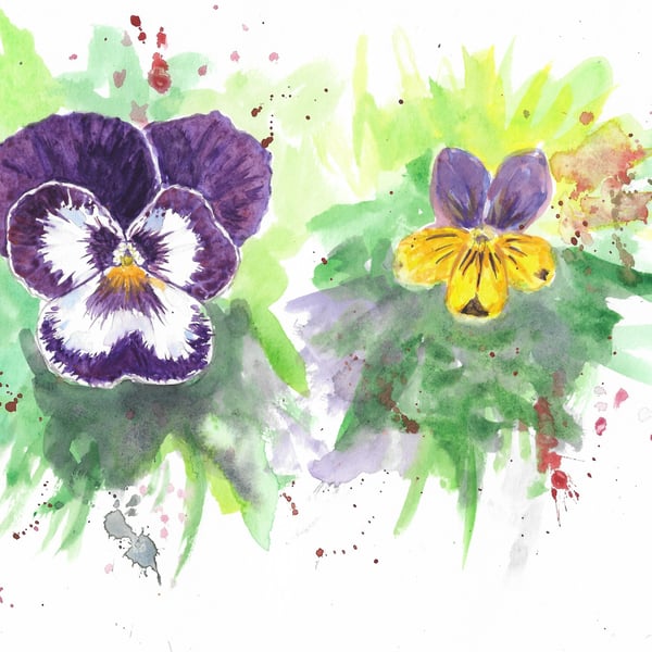 Flowers Pansy and Viola original painting, with abstract background.