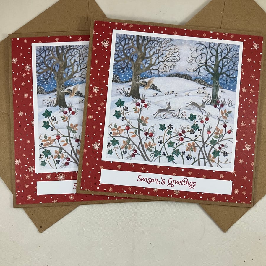 Pack of 2 Christmas cards - winter hares