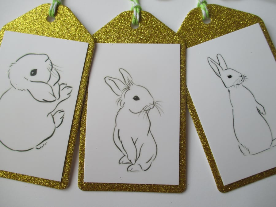 SALE Christmas Gift Tag Bunny Rabbit Line Drawing Gold Glitter x 3
