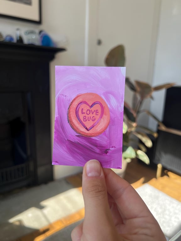 ACEO original - loveheart sweet retro candy love bug - acrylic paint