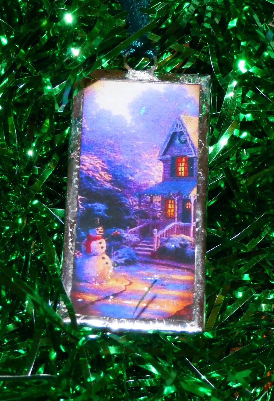 Sale 5 glass soldered Winter snow scene Christmas tree decorations