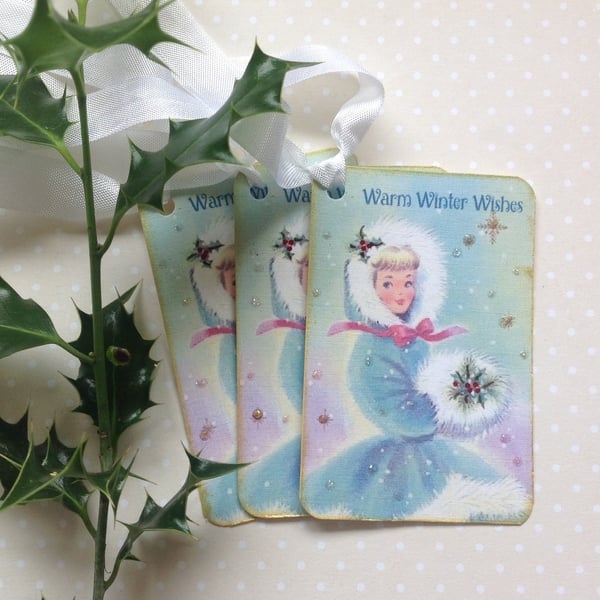 CHRISTMAS GIFT TAGS  ( set of 3. ) Vintage-style . Retro .' Warm Winter Wishes'.