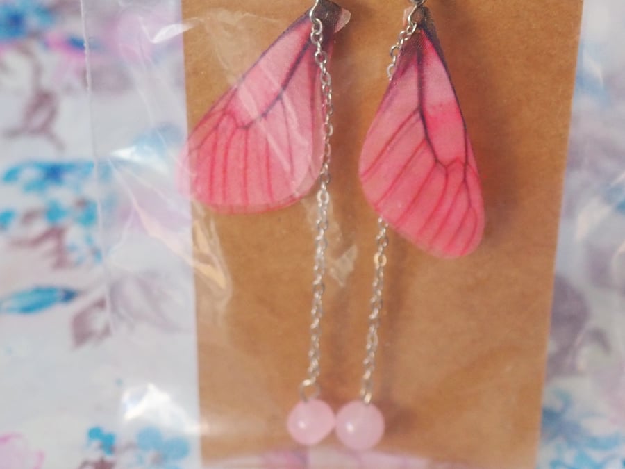 Butterfly Wing Dangle Earrings Pink Wings with a Chain and Pink Beads