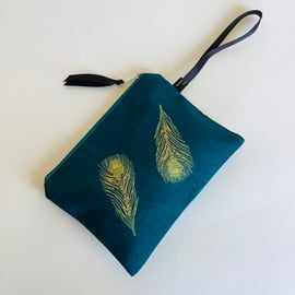 Peacock Feather Print Linen Zip-Up Pouch; Makeup Bag; Hand printed Purse 