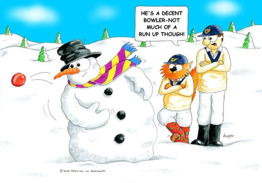 Cricket Christmas card.. Run up...Funny cartoon card   FREE UK P&P