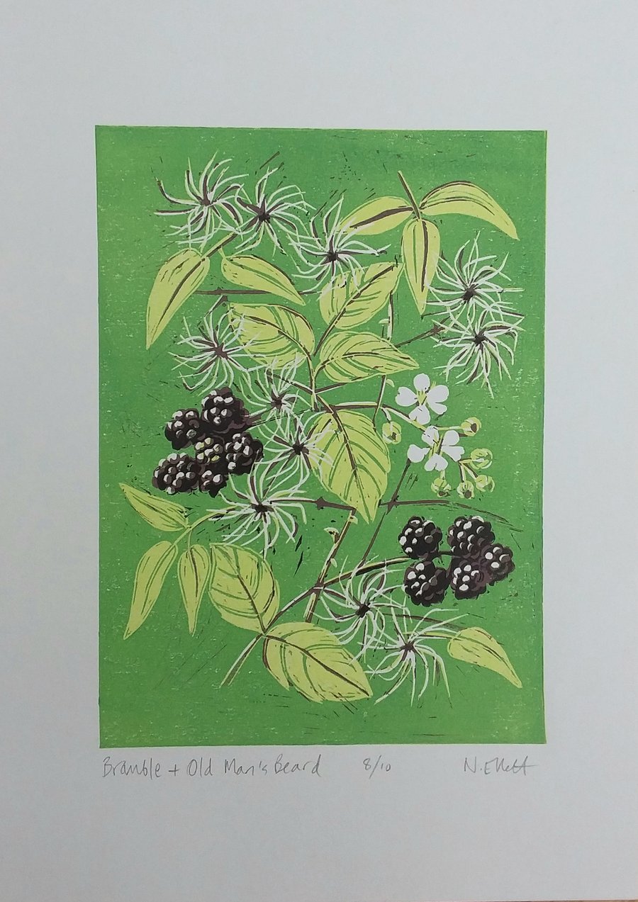Bramble & Old Man's Beard - linoprint 