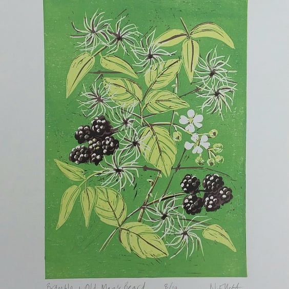 Bramble & Old Man's Beard - linoprint 
