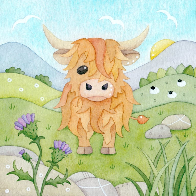 Highland Cow Framed Print. Scottish Highlands Watercolour Painting. Thistle Art