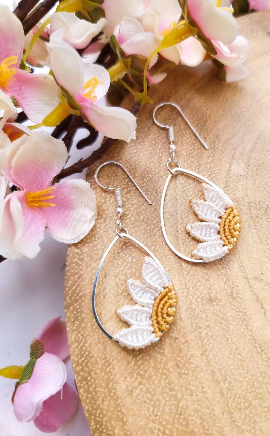 Daisy earrings, Micro Macrame sterling silver flower jewellery