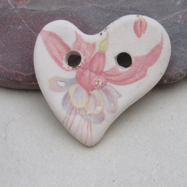 Medium Fuchsia Flower Folk Heart Ceramic Button