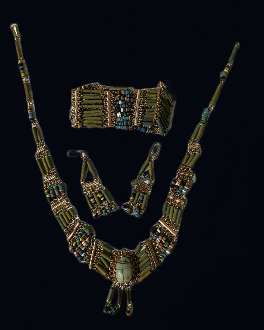 Fabulous Egyptian Revival Scarab Beetle Link Bracelet Earrings Set