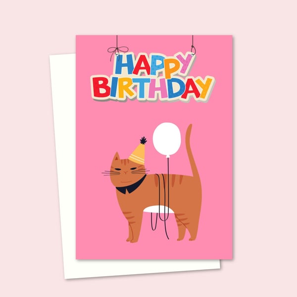 Party Cat Birthday Card for a Cat Lover - Blank Inside for Your Own Greetings