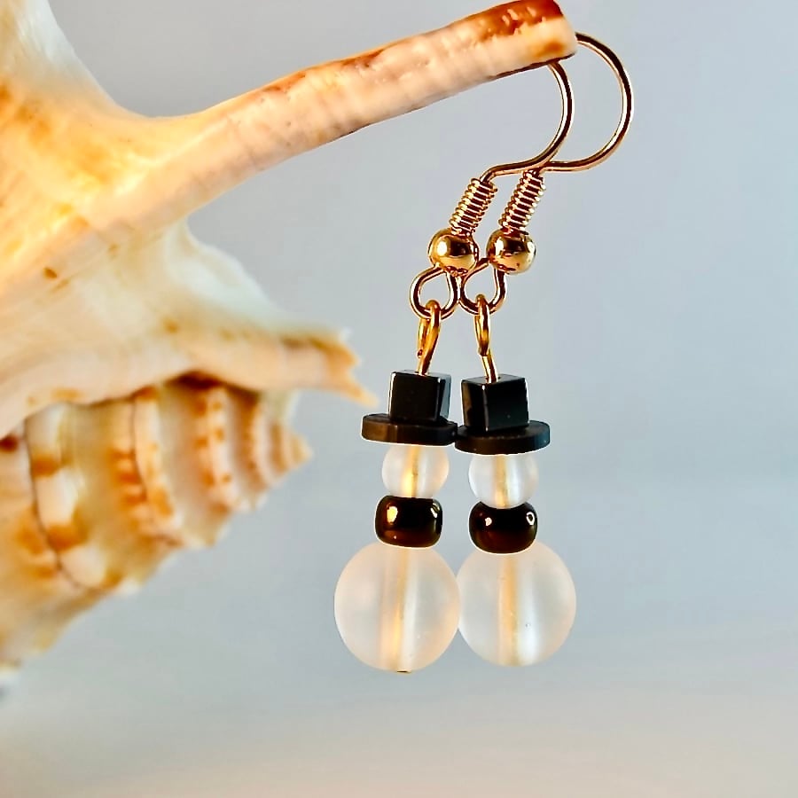 Christmas Earrings - Frosted Glass Snowmen, Stocking Filler, Secret Santa Gift