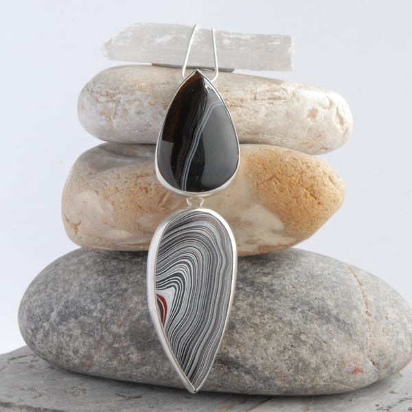 Large agate and fordite sterling silver pendant