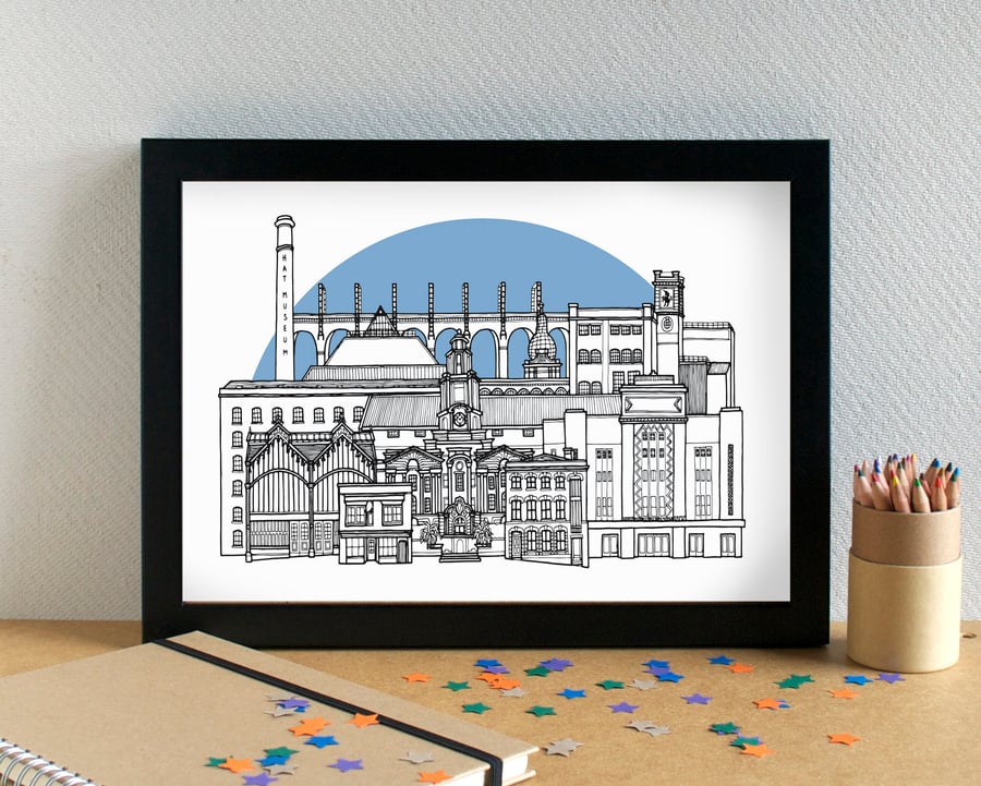 Stockport Landmarks Skyline Art Print